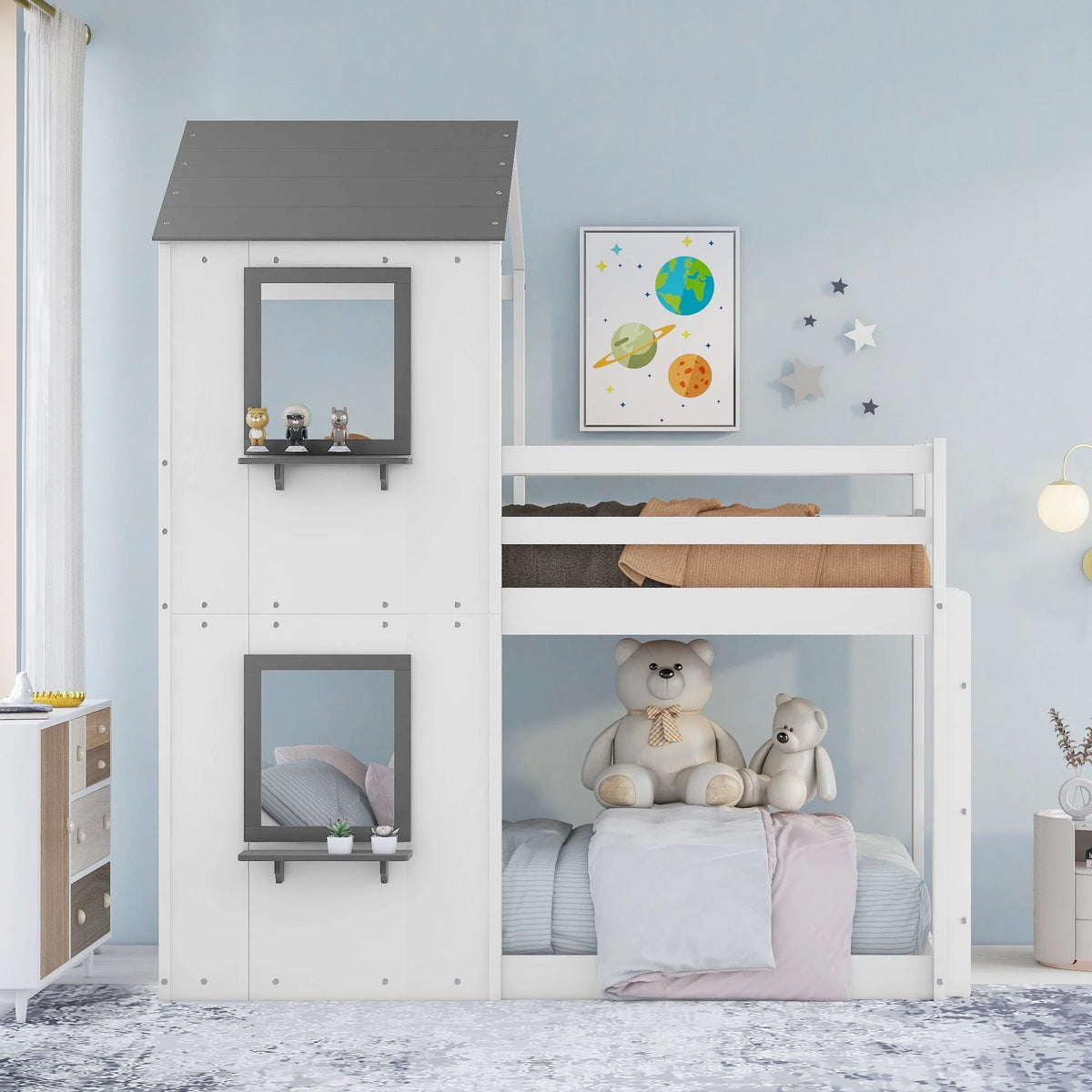 Wood Twin Over Twin Bunk Bed with Roof and Ladder G30325