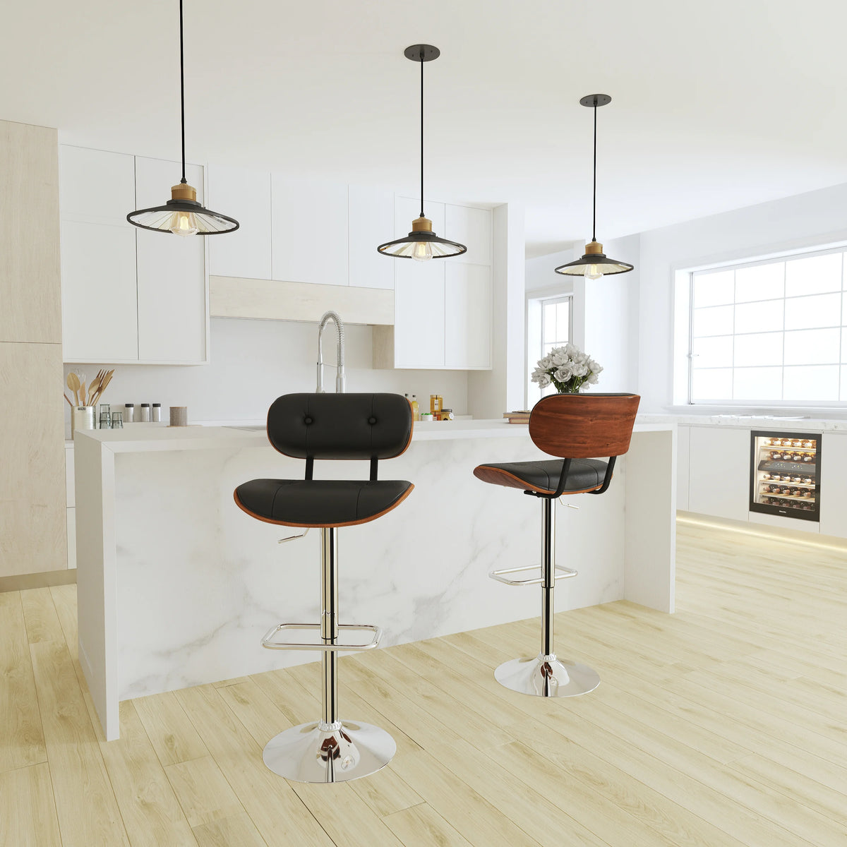 Adjustable Height Black Vinyl Tufted Barstool with Chrome Base U591360