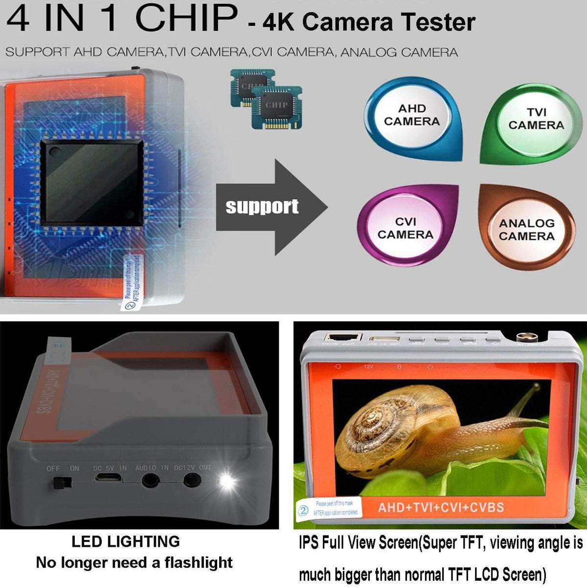 4 in 1 CCTV Tester for 1080P/3.0mp/4mp/5mp/8.0 Megapixel AHD, TVI, CVI, CVBS Analog Security Camera, 4.3 Inch IPS LCD Screen Video Monitor,12V 1A DC Out,PTZ/UTP Cable/Audio Tester Pack of 2 K1292