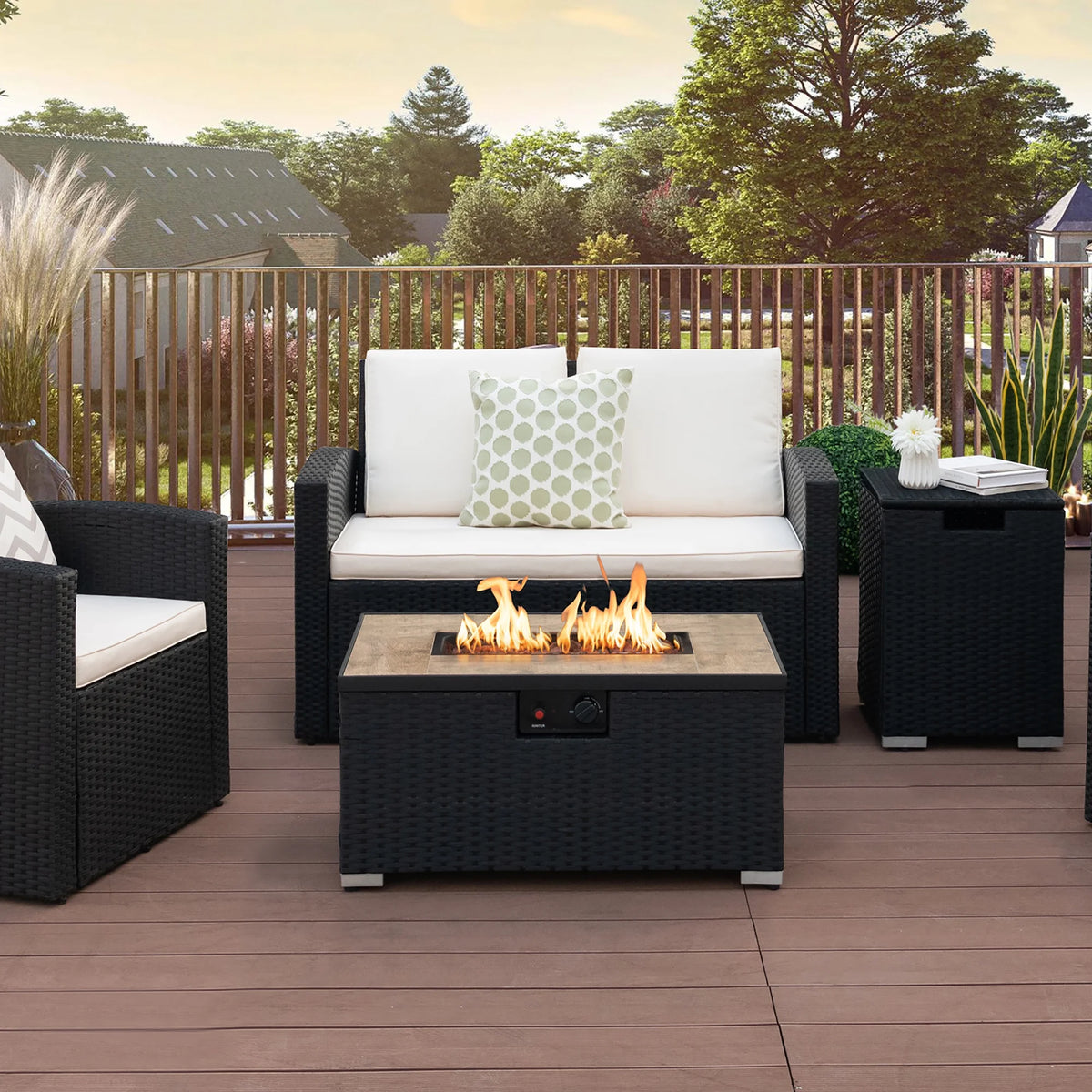 32''x 20'' Propane Rattan Fire Pit Table Set with Side Table and Cover 40,000 BTU S79373