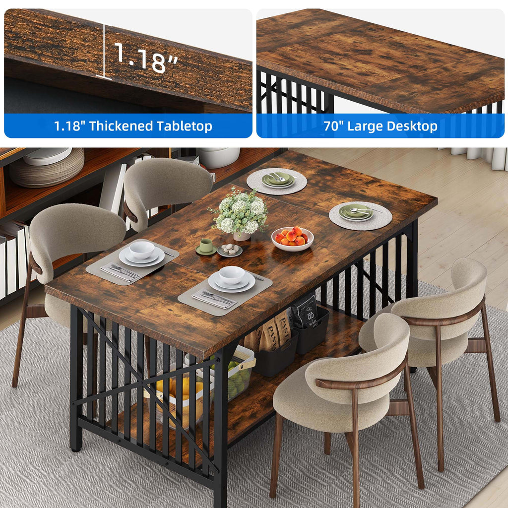 Rustic Brown Industrial Rectangular Wood Dining Table with Storage N65601