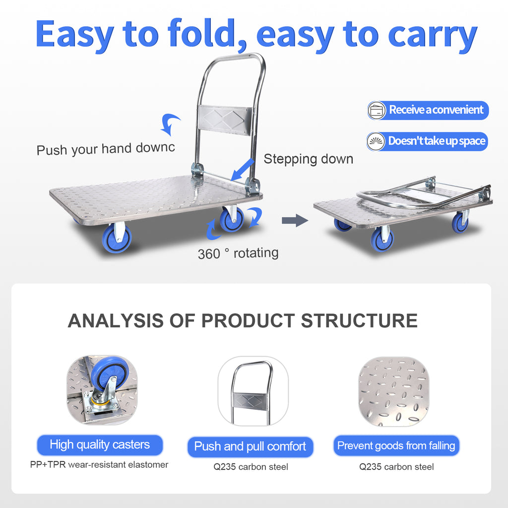 Steel Plate Platform Cart, 2200 lb Capacity, 360 Degree Swivel Wheels, Foldable, 35x22.8x33 Inches F2051