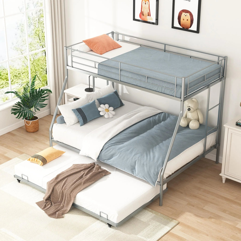 Silver Metal Twin Over Full Bunk Beds with Trundle N729