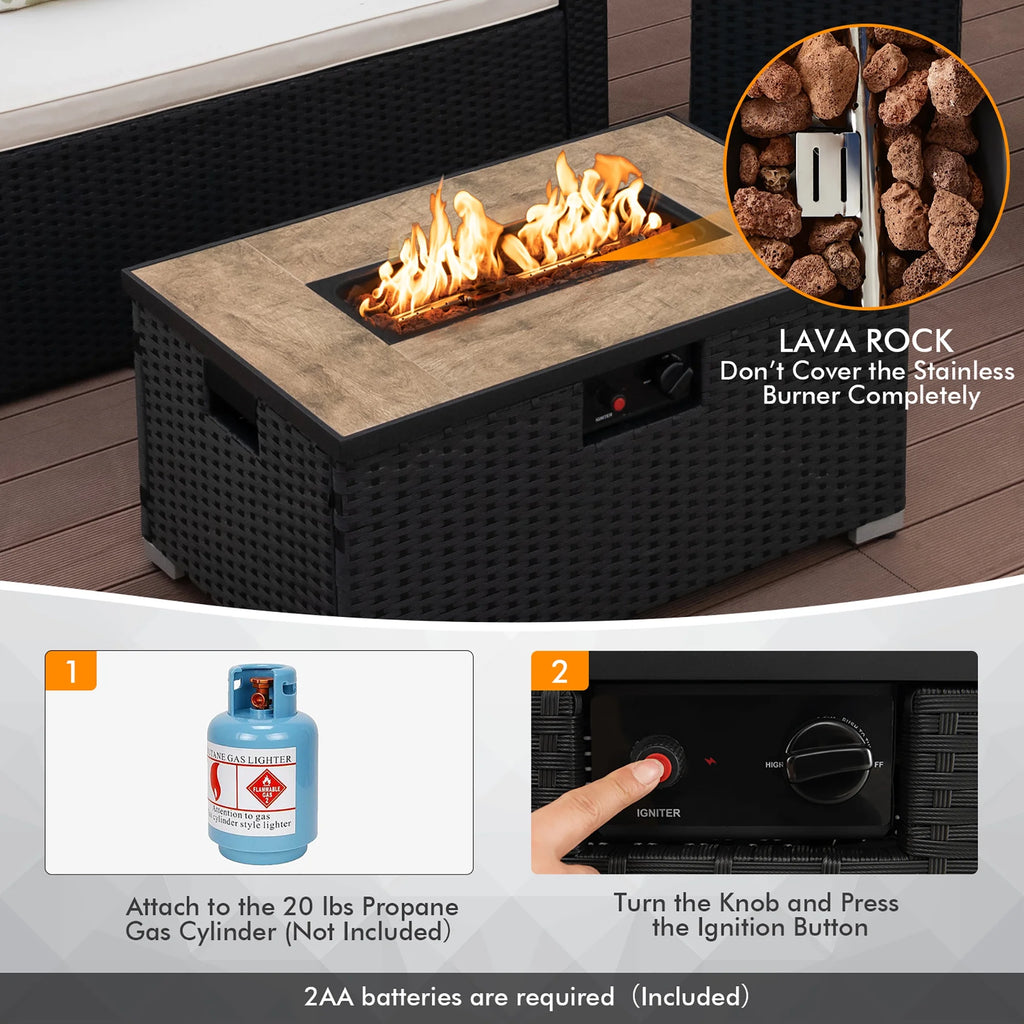 32''x 20'' Propane Rattan Fire Pit Table Set with Side Table and Cover 40,000 BTU S79373