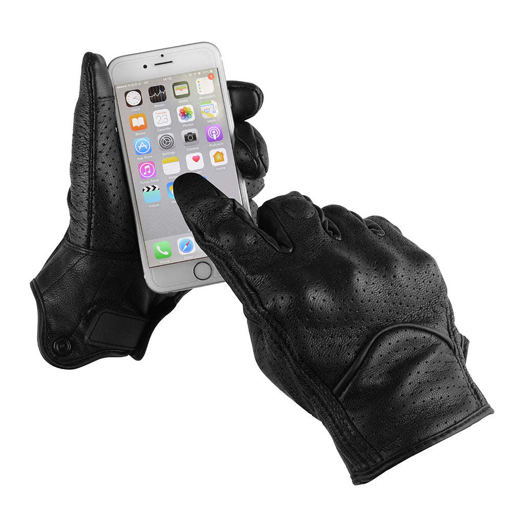 Perforated Full Finger Leather Motorcycle Gloves Y16173