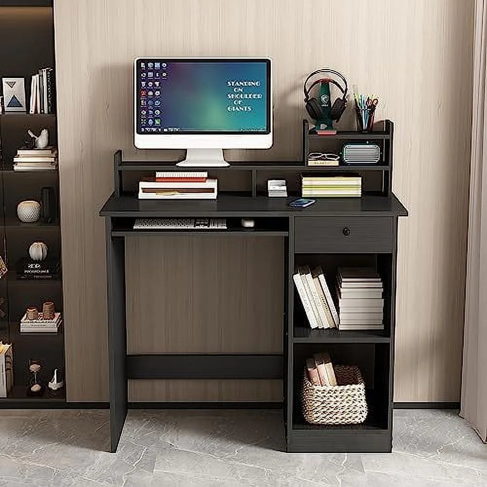 White Wood Computer Desk with Drawers and Keyboard Tray W83323