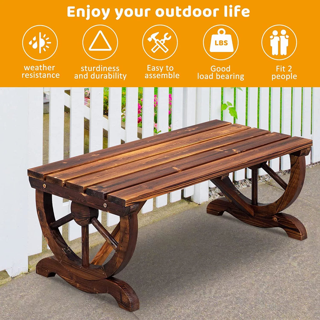 Rustic Wooden Bench with Wagon Wheel Legs L689568