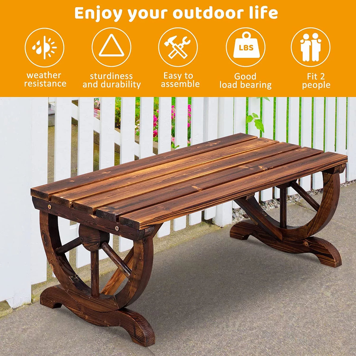 Rustic Wooden Bench with Wagon Wheel Legs L689568