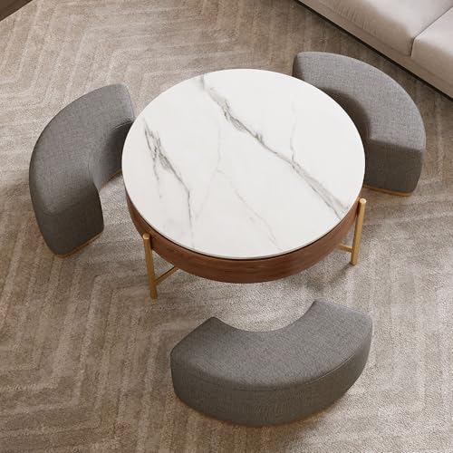 32" Round Lift Top Marble Coffee Table Set with Hidden Storage & Nesting Ottomans H274