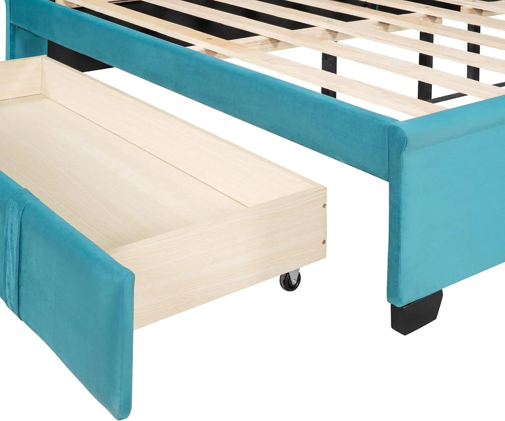 Queen Size Velvet Upholstered Platform Bed Frame with Headboard and Drawers F756