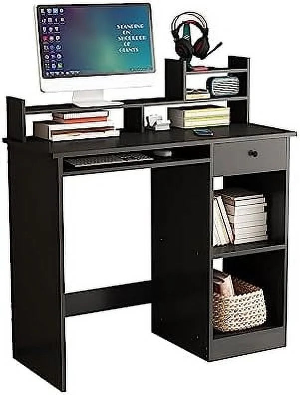White Wood Computer Desk with Drawers and Keyboard Tray W83323