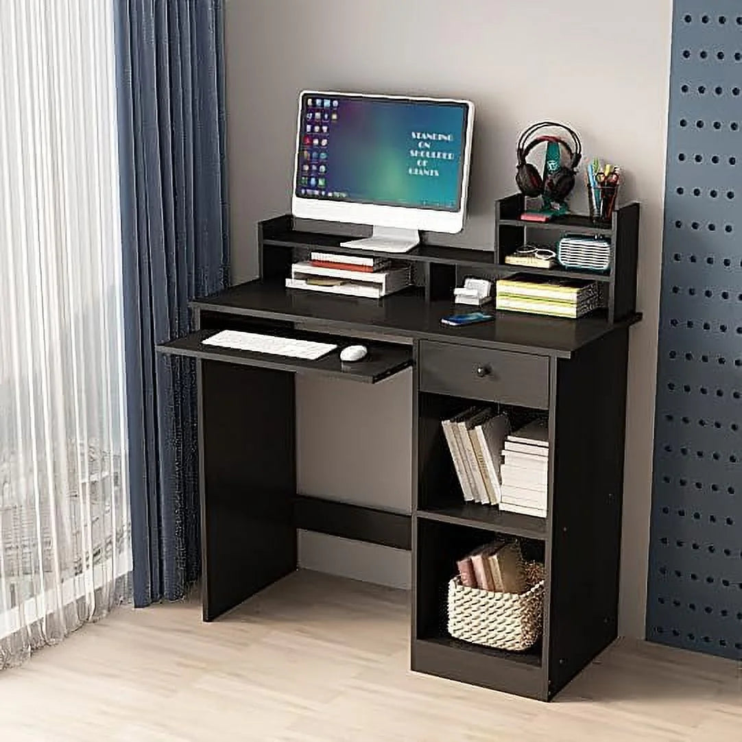 White Wood Computer Desk with Drawers and Keyboard Tray W83323