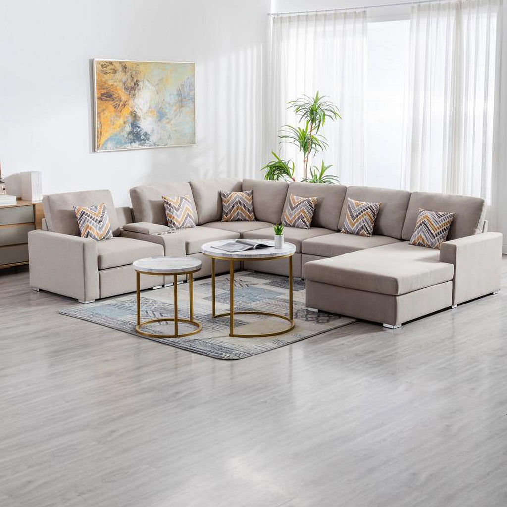 Beige Fabric Reversible Sectional with Charging Port and Storage Console P271429