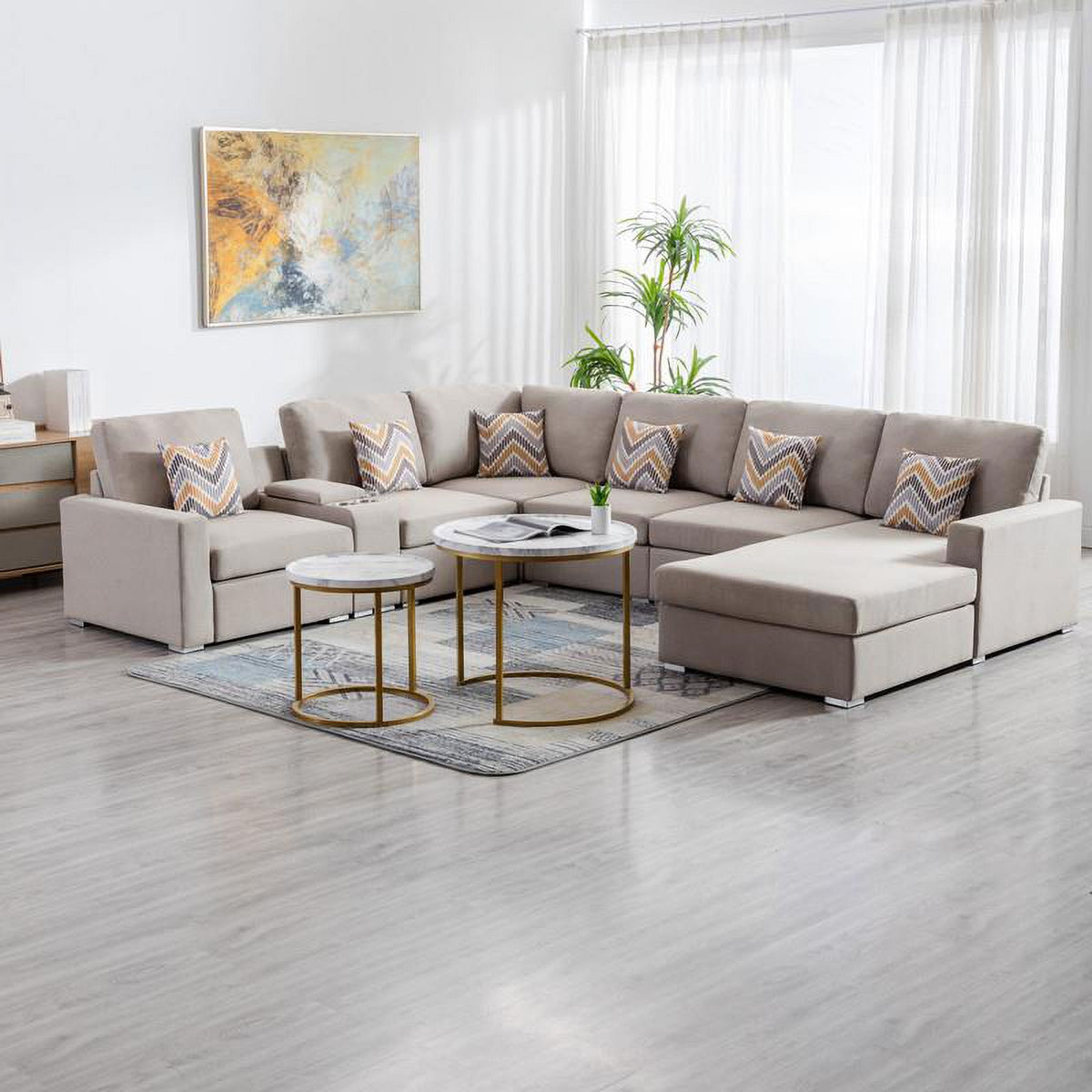 Beige Fabric Reversible Sectional with Charging Port and Storage Console P271429