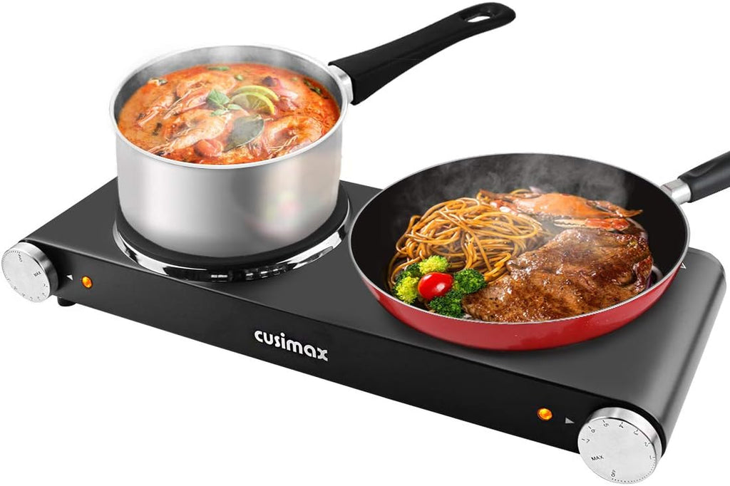 Electric Hot Plate 1500W Single Burner Cast Iron Portable Stove with Adjustable Temperature Control Silver Stainless Steel Non-Slip Rubber Feet Pack of 2 P6697