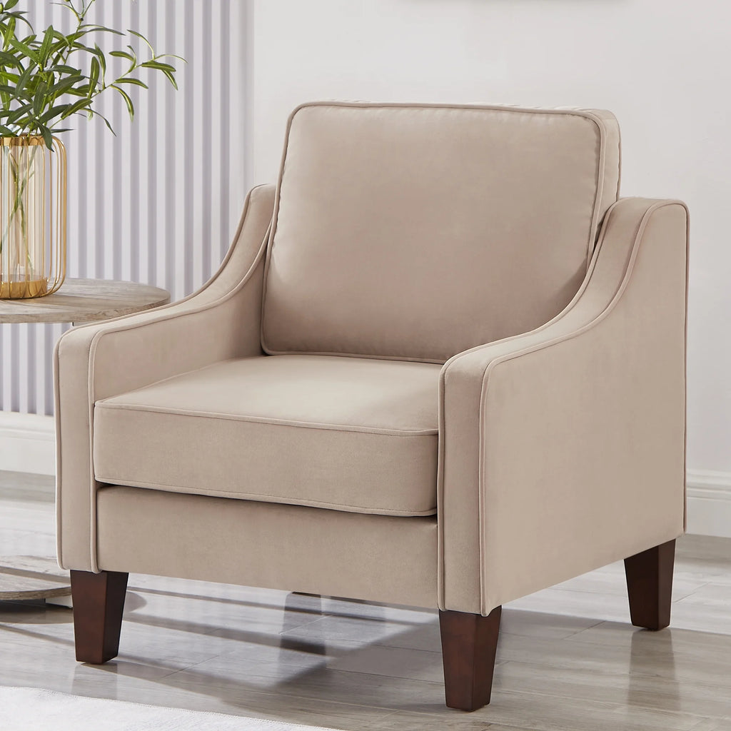 Taupe Velvet Upholstered Armchair with Wooden Legs P5428