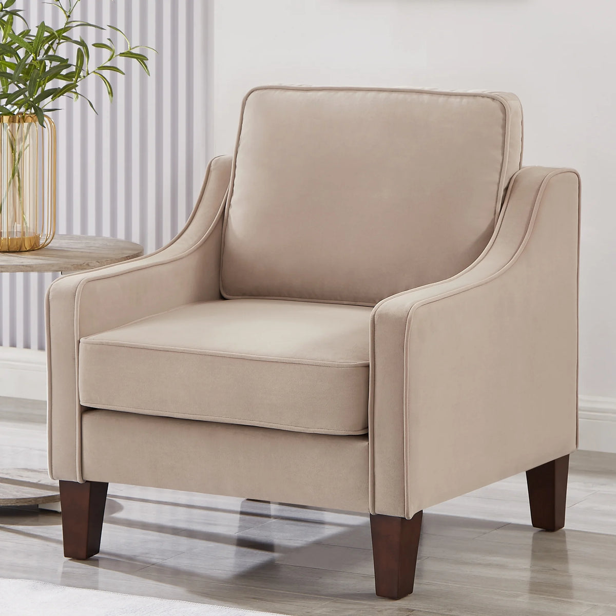 Taupe Velvet Upholstered Armchair with Wooden Legs P5428