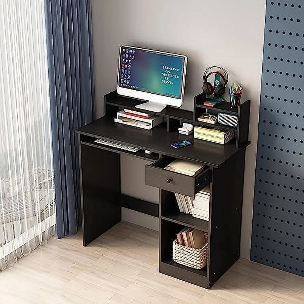 White Wood Computer Desk with Drawers and Keyboard Tray W83323