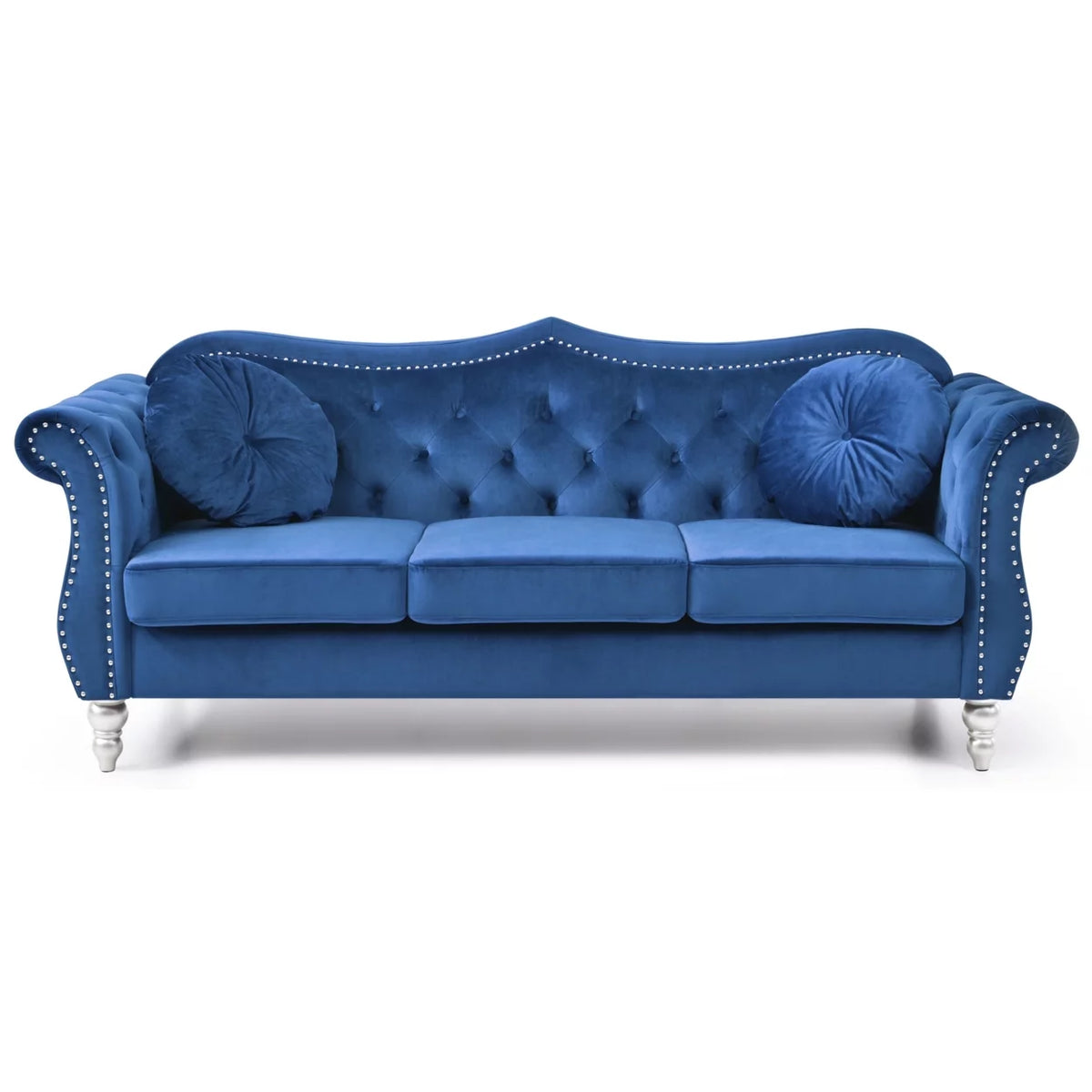 Navy Blue Velvet 3-Seater Sofa with 2-Throw Pillow B378