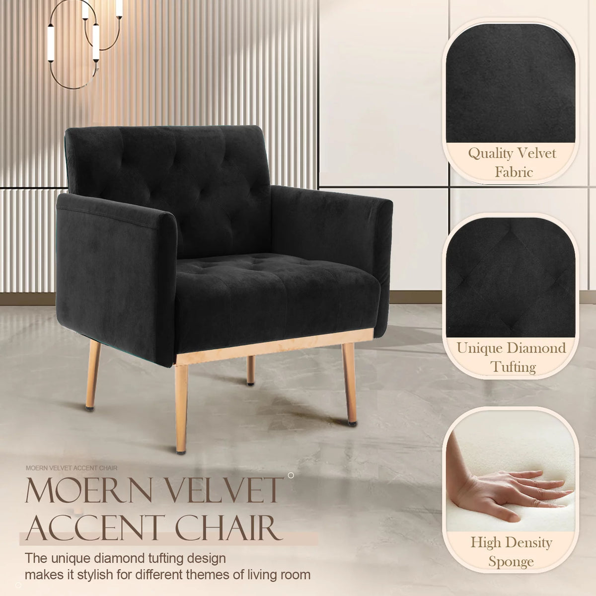 Green Velvet Upholstered Accent Chair with Metal Legs J718