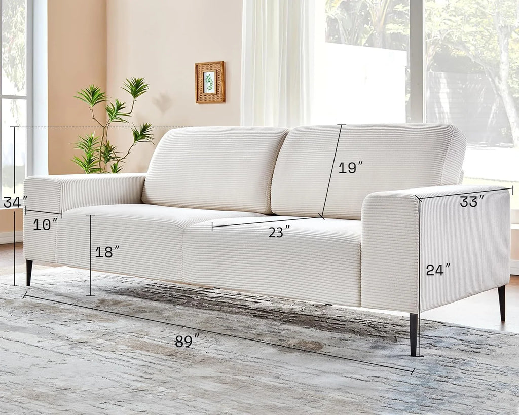 White Corduroy 3 Seater Sofa with Extra Deep Seats O93669