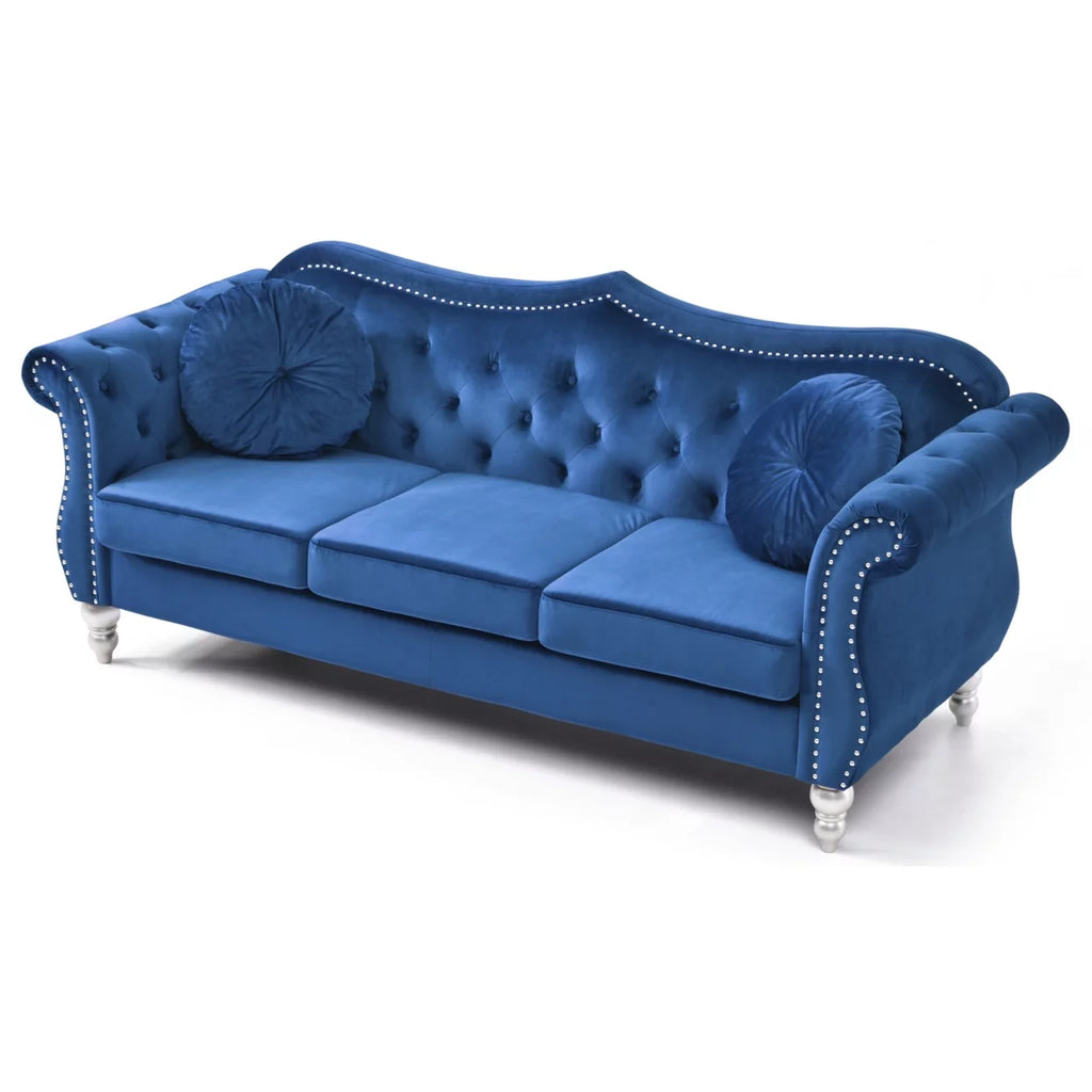 Navy Blue Velvet 3-Seater Sofa with 2-Throw Pillow B378