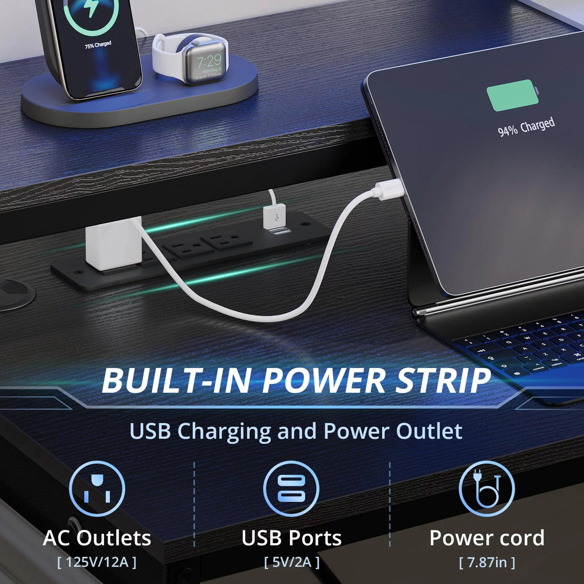 L Shaped Computer Desk with Power Outlet and LED Strip, Black S3306