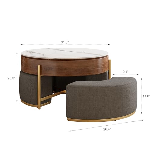 32" Round Lift Top Marble Coffee Table Set with Hidden Storage & Nesting Ottomans H274