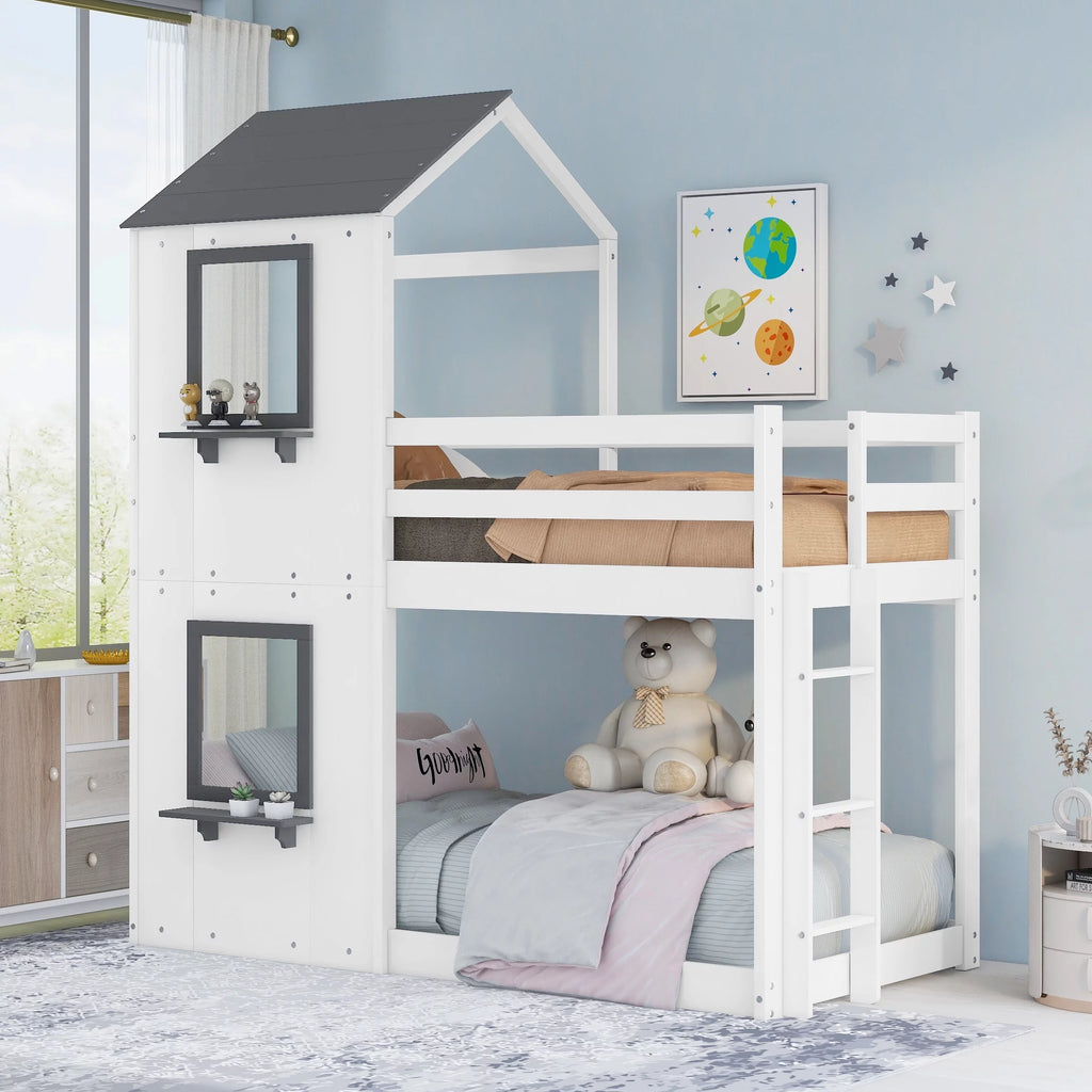 Wood Twin Over Twin Bunk Bed with Roof and Ladder G30325