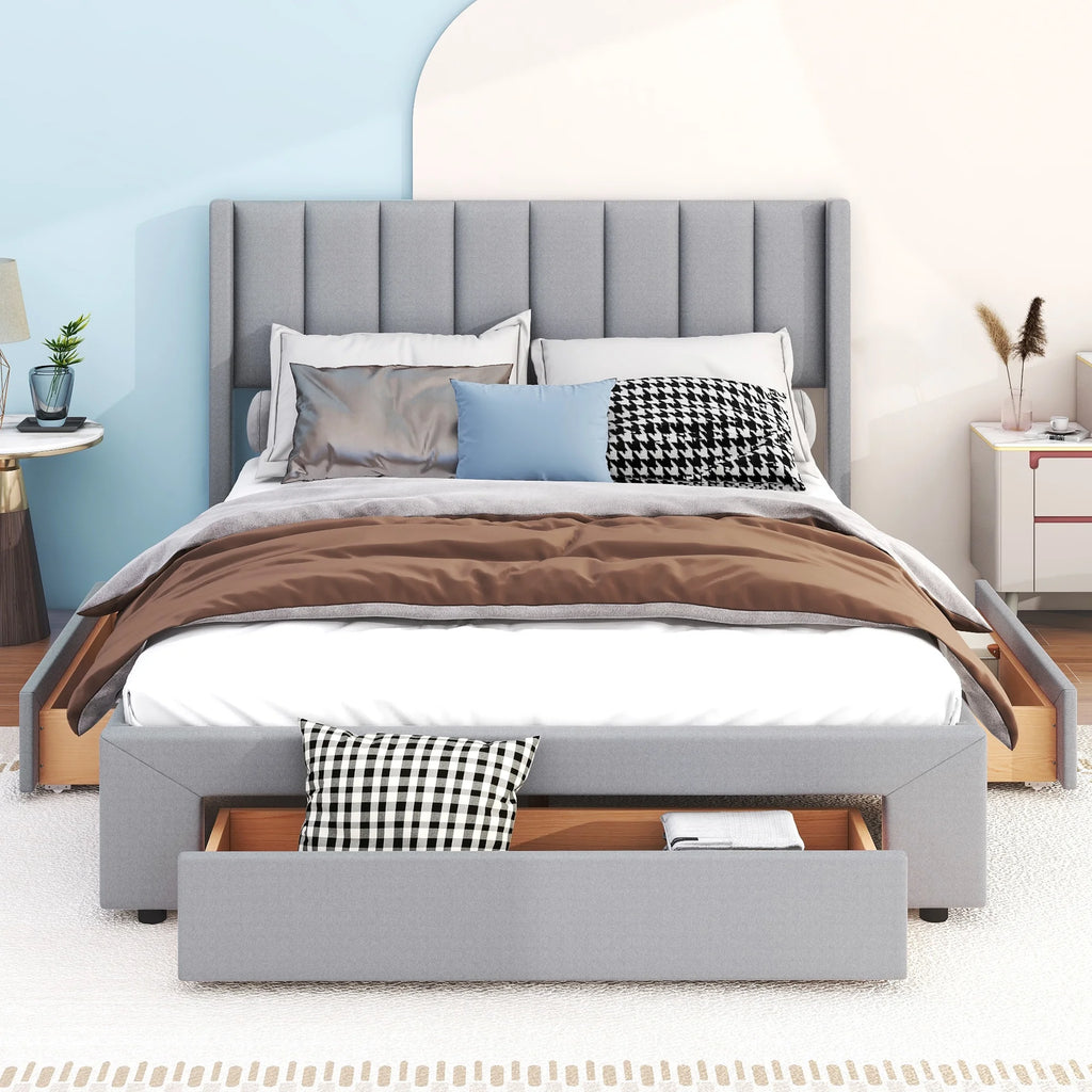 Queen Size Upholstery Platform Bed with Three Storage Drawers M599