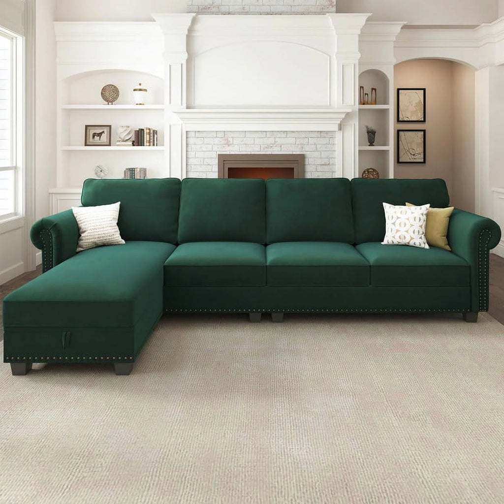 Black Velvet Sectional Sofa with Storage Ottoman and Reversible Chaise B3468