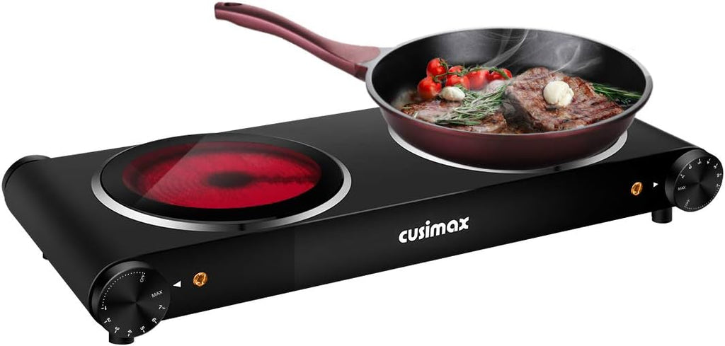 Electric Hot Plate 1500W Single Burner Cast Iron Portable Stove with Adjustable Temperature Control Silver Stainless Steel Non-Slip Rubber Feet Pack of 2 P6697