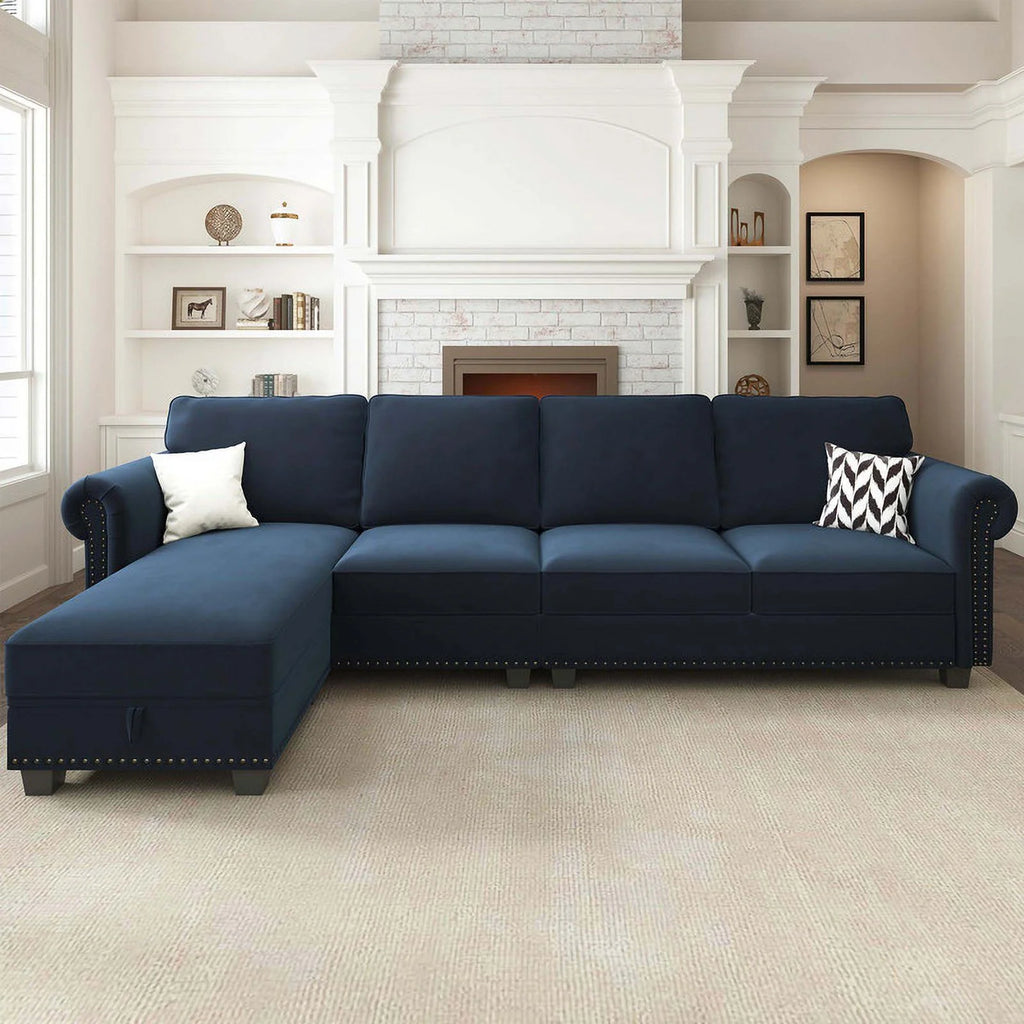 Black Velvet Sectional Sofa with Storage Ottoman and Reversible Chaise B3468
