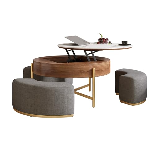 32" Round Lift Top Marble Coffee Table Set with Hidden Storage & Nesting Ottomans H274