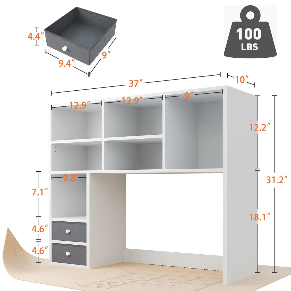 White Wood Desktop Bookshelf with 8 Shelves and 2 Drawers Q612