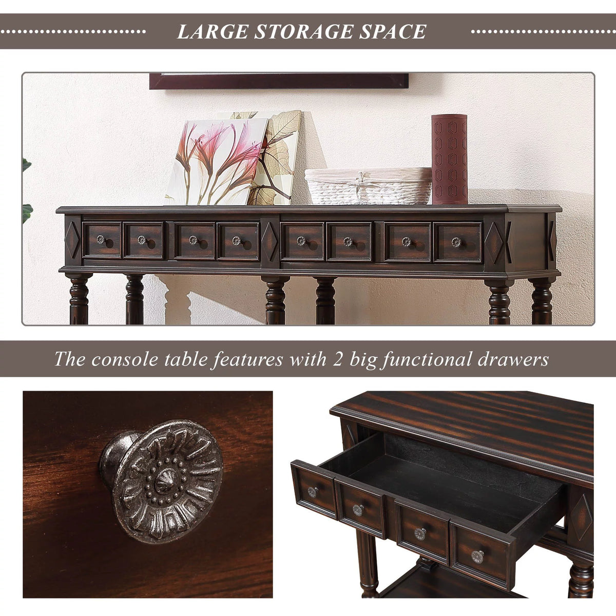 58" Black Console Table with 2 Drawers and Storage Shelf U491