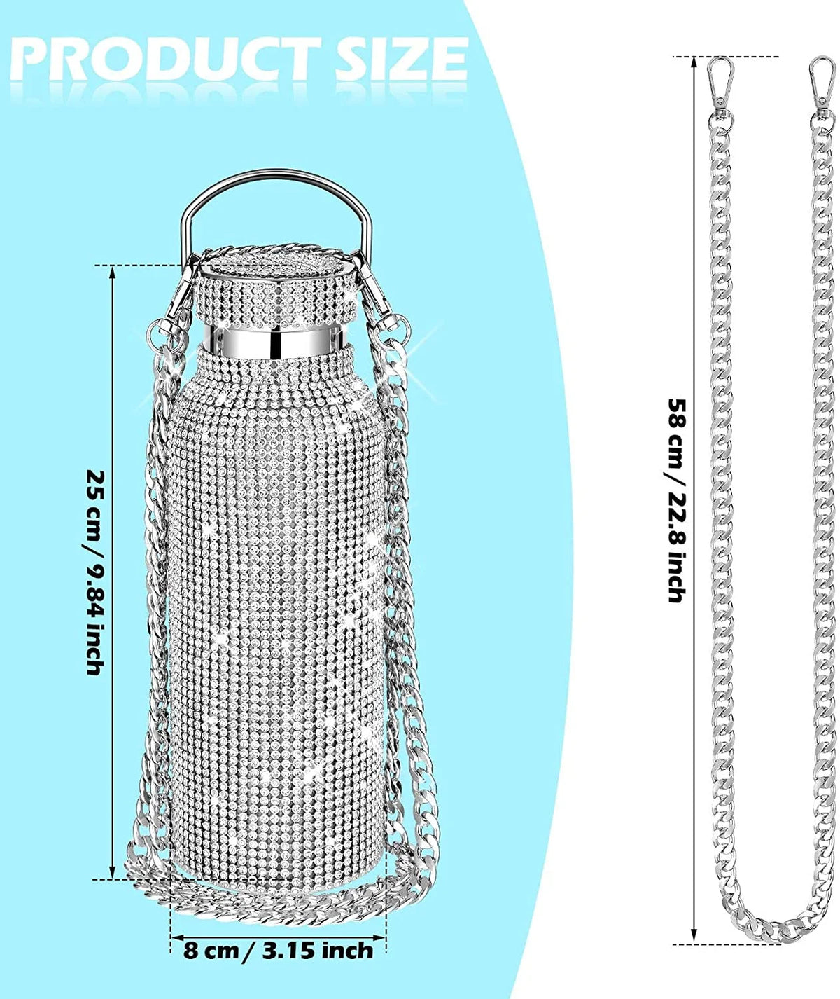 Bling Rhinestone Stainless Steel Insulated Water Bottle With Carry on Chain 500ML E237771