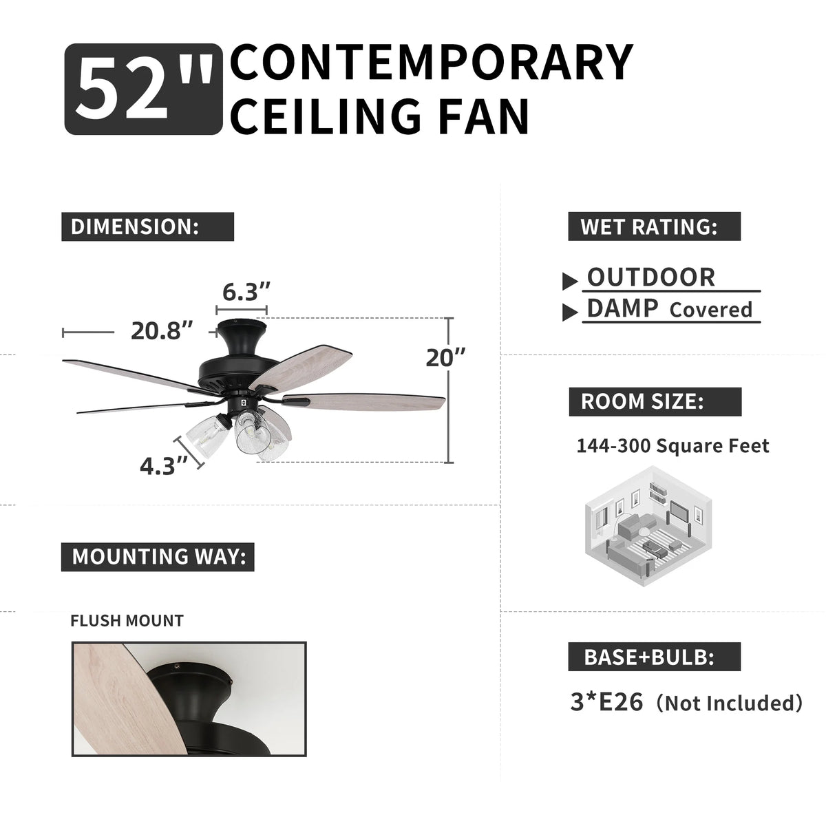 52in Ceiling Fan with Light and Remote N661635