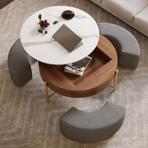 32" Round Lift Top Marble Coffee Table Set with Hidden Storage & Nesting Ottomans H274