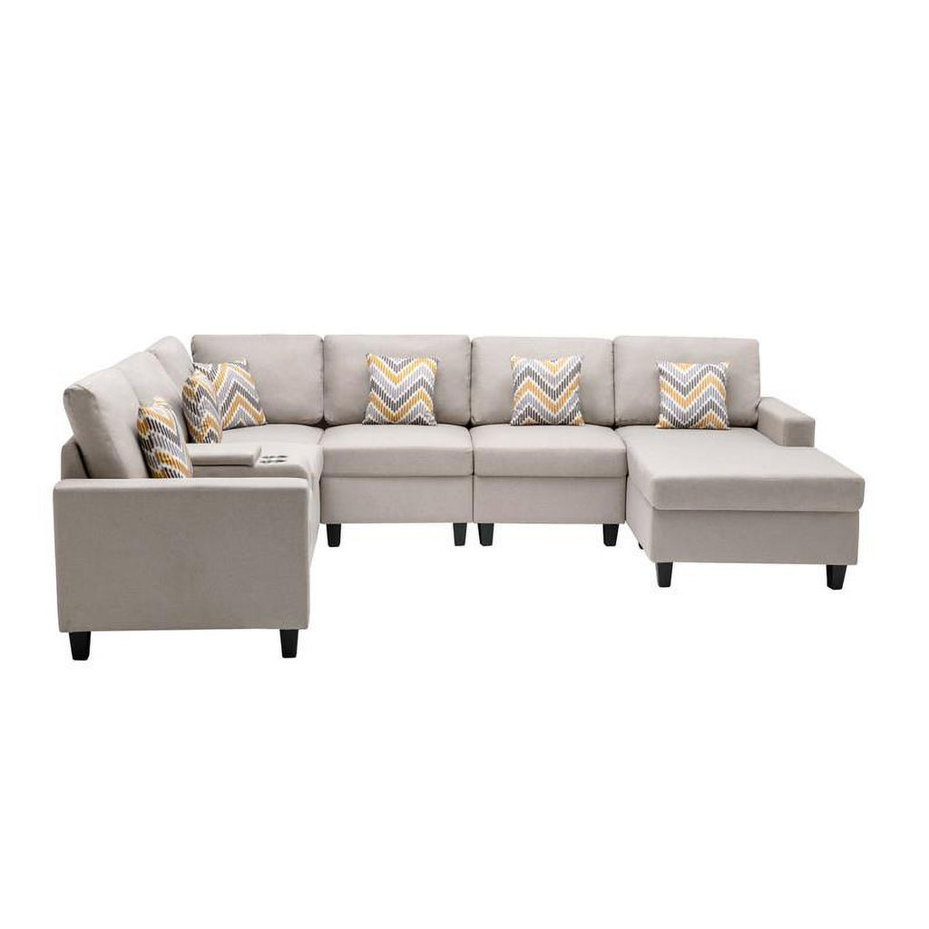Beige Fabric Reversible Sectional with Charging Port and Storage Console P271429
