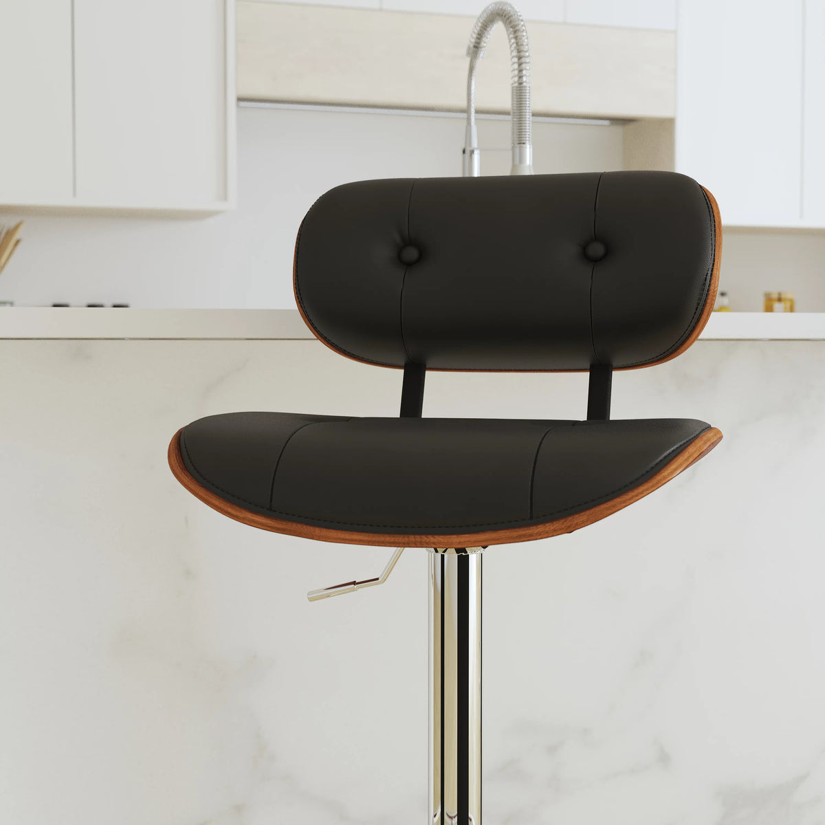 Adjustable Height Black Vinyl Tufted Barstool with Chrome Base U591360