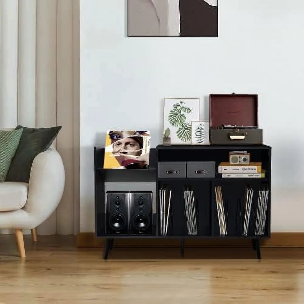 Black Record Player Stand with Wood Legs I50537