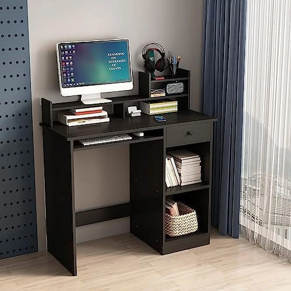 White Wood Computer Desk with Drawers and Keyboard Tray W83323