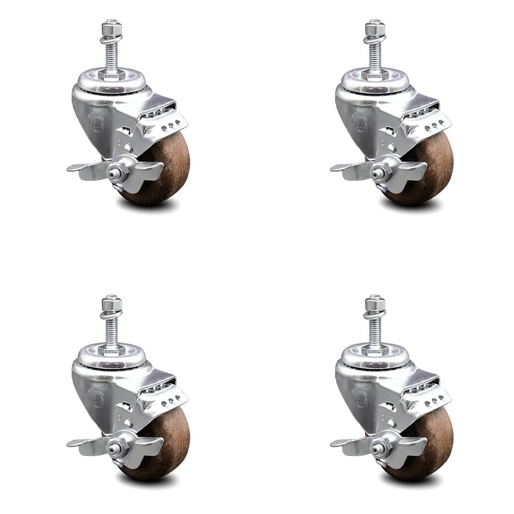 3 inch High Temp Glass Filled Nylon Threaded Stem Caster Set with Brake O998151