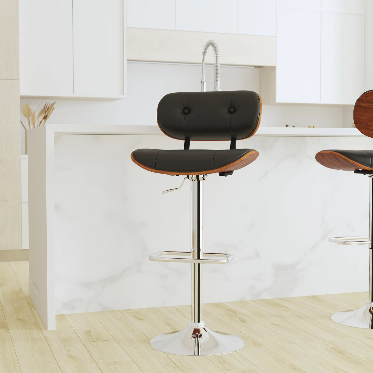 Adjustable Height Black Vinyl Tufted Barstool with Chrome Base U591360