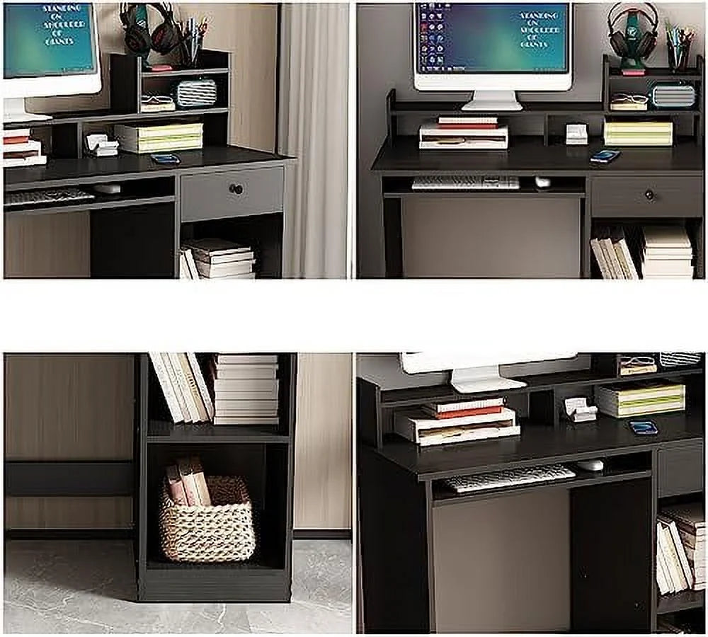 White Wood Computer Desk with Drawers and Keyboard Tray W83323