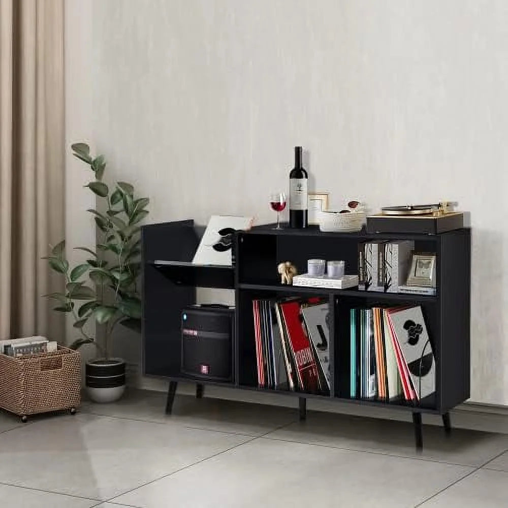 Black Record Player Stand with Wood Legs I50537