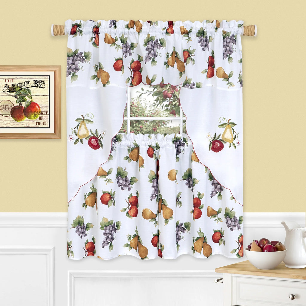 Floral Butterflies Tier Panels and Swag Curtains, 3-Piece Window Curtains & Valance, 58" W x 36" L B773985
