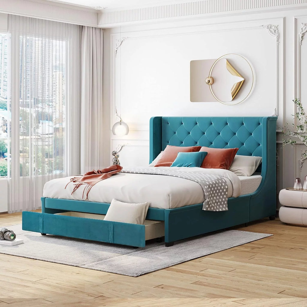 Queen Size Velvet Upholstered Platform Bed Frame with Headboard and Drawers F756