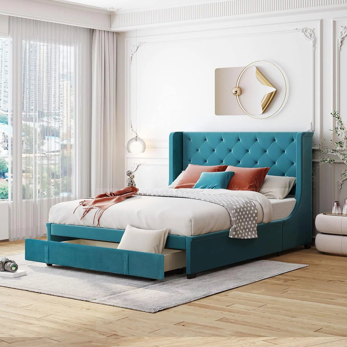 Queen Size Velvet Upholstered Platform Bed Frame with Headboard and Drawers F756